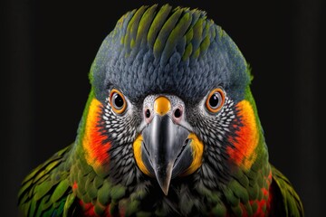 Wall Mural -  a colorful parrot with a black background and a black background with a black background and a red, yellow, and green parrot with a black beak and orange head and yellow feathers and a. Generative AI