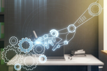 Aufkleber - Double exposure of robotics technology hologram and modern desktop with laptop on background. Research and development software concept