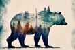 Doppelbelichtung von einem Bär und seinen lebensraum den Wald isoliert auf weißen Hintergrund mit Platzhalter