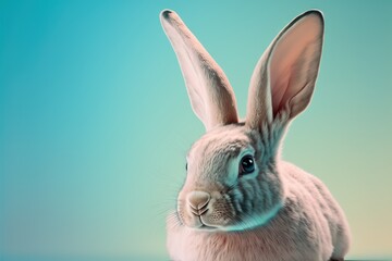  a rabbit with a blue background and a light blue background is the subject of this photo, a blue background is the subject of the image, and the rabbit is the rabbit is looking. Generative AI