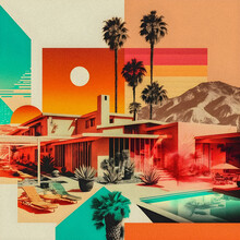 Retro Collage, Miami Palms And House Style Illustration, Granular Texture  Generative AI