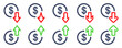 Set of money arrows up and down. Symbol dollar with arrows. Increase and decrease profit. Drop or loss economy. Vector icons set.