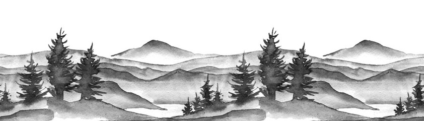 Monochrome foggy forest panorama. Minimalist nature landscape art. Watercolor illustration on white background.