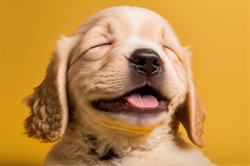 Canvas Print -  a close up of a dog with its eyes closed and tongue out and a yellow background behind it is a yellow background with a white dog with a black nose and a white nose and. Generative AI