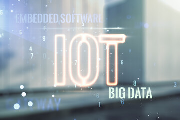 Poster - Abstract virtual IOT hologram on blurry modern office building background. Multiexposure