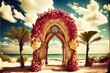 © Brian - Tropical Beach Wedding Altar - Exotic floral wedding altar on sandy tropical beach. Island getaway destination wedding with 3D shading by generative AI