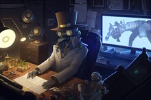 A Robot Wearing A Suit And Hat Sitting At A Desk Working His Remote Job On The Laptop. There's No Monkeying Around In This Generative AI Image With A Modern Artistic Style