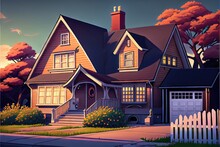 Generic Image Of A Suburban Two-story House On A Nondescript Street Made To Look Like 2D Modern Animation By Generative AI.