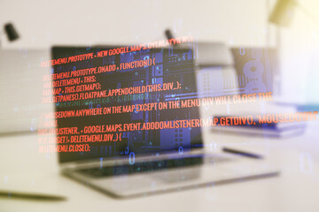 Poster - Abstract creative coding illustration on modern computer background, software development concept. Multiexposure