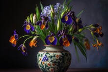  A Vase With Flowers In It On A Table Next To A Wall And A Black Background With A Blue And White Vase With Flowers In It And A Green Border With Orange And Purple Flowers.
