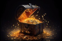 An Overflowing Treasure Chest Filled With Gold Coins -- Antique-looking Treasure Chest With Ornate, Intricate Details. Overflowing With Riches. Generative AI With 3D Shading