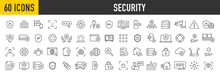 Set Of 60 Security Web Icons In Line Style. Guard, Cyber Security, Password, Smart Home, Safety, Data Protection, Key, Shield, Lock, Unlock, Eye Access. Vector Illustration.