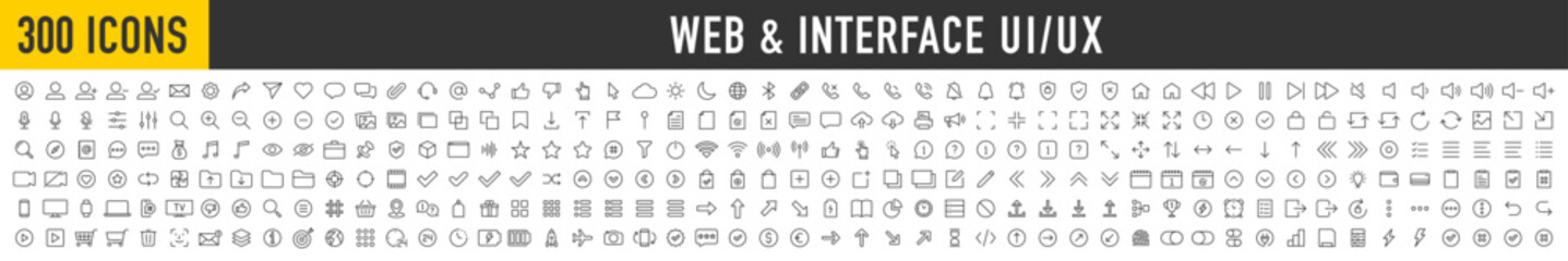 Poster - Set of 300 Interface ui, ux web icons in line style. User, profile, message, mobile app, document file, social media, button, home, chat, arrow, collection. Vector illustration.