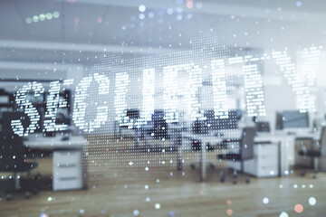 Poster - Virtual cyber security creative concept on a modern furnished office background. Double exposure