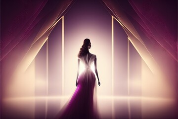  a woman in a long dress standing in a doorway with a curtain open and a light shining through the window behind her is a curtain that is a pink and purple background with a light. Generative AI