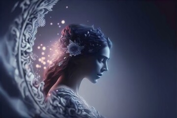  a woman with a flower in her hair and a mirror behind her head, with a blue background and a white flower in her hair, and a white flower in her hair, and. Generative AI