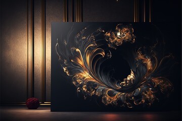 Poster -  a painting on a wall with a vase in the foreground and a wall in the background with a gold and black swirl on it, with a red ball in the middle, and. Generative AI