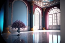  A Vase With Flowers In It Sitting On A Table In A Room With Arches And Windows And A Sky Background With Clouds In The Sky Above It And A Mirror On The Floor With A. Generative AI