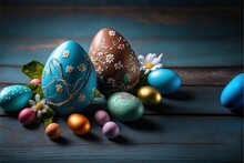  A Group Of Colorful Eggs Sitting On Top Of A Wooden Table Next To Flowers And Leaves On A Blue Surface With A Wooden Background Behind Them, With A Few Eggs With Flowers And Leaves. Generative AI