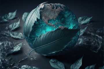  a blue earth with a leaf on it and a blue sky background with leaves around it and a blue sky background with a leaf on the bottom of the earth and a blue background with. Generative AI