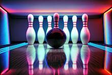 Bowling Game. Bowling Pins And Ball 3D Render Illustration.