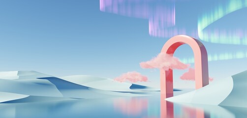 Wall Mural - Surreal Beautiful Dream land background. Abstract Dune in winter season landscape with geometric arch. Fantasy island scenery with water and natural cloudy sky. Metallic mirror arch. 3d render.