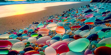 Colorful Gemstones On A Beach. Polish Textured Sea Glass And Stones On The Seashore. Green, Blue Shiny Glass With Multi-colored Sea Pebbles Close-up. Beach Summer Background.	