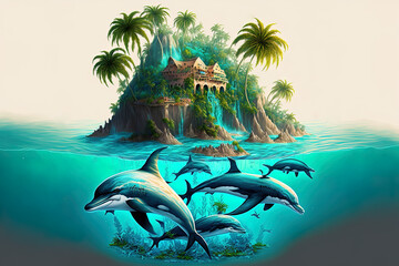 Wall Mural - Fantasy landscape exotic island on the sea. AI