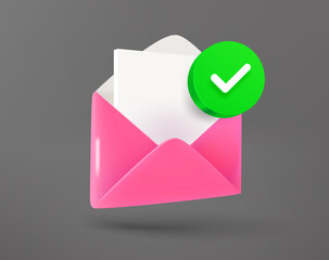 Poster - Pink envelope with paper sheet with green checkmark. 3d vector icon