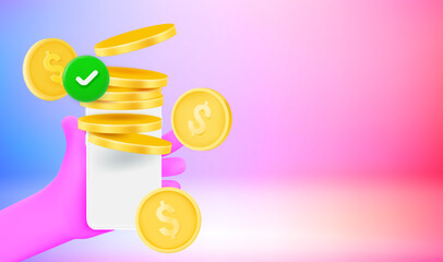 Aufkleber - Hand holding smartphone with gold coins. 3d vector banner with copy space