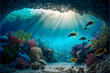 Colorful tropical fish coral scene background, Life in the coral reef underwater, sunlight, clear water ocean, travel concept, illustration digital generative ai design art style