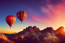 Two Hot Air Balloons During Sunset With Mountains In The Background, Generative AI
