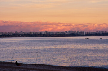 Poster - Beautiful sunrise landscape with Antalya city on seacoast.