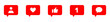 Conjunto de iconos de burbujas rojas de notificaciones. solicitud, me gusta, comentario, número, corazón. Ilustración vectorial
