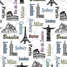 Monuments Of World Architecture.Monuments Of World Architecture And Names Of Cities In A Vector Pattern On A Transparent Background.