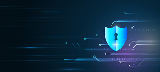 Poster - Abstract high tech background. Data security system, information, or network protection. Cyber security and data protection. Shield icon, future technology for verification.