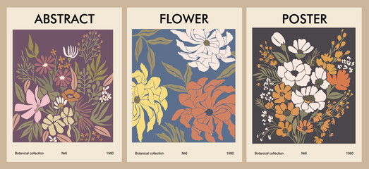 Wall Mural - Set of abstract flower posters. Trendy botanical wall arts with floral design in danish pastel colors. Modern naive groovy funky interior decorations, paintings. Vector art illustration