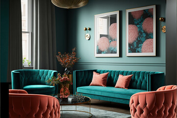 Poster - ai midjourney illustration of a modern living room in trend color turquoise