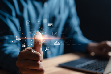 Poster - Futuristic digital processing of biometric identification fingerprint scanner. concept of surveillance and security scanning of digital programs cyber futuristic applications..