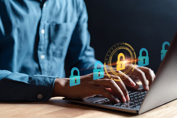 Fototapete - Cybersecurity concept identity theft, Database hacks, internet cyber crime. hacker attack, Hacking and stealing data. damage the system and hack the data.