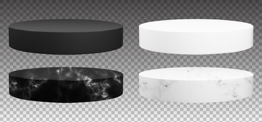 Set of cylinder marble podium for jewelry display. Luxury black and white pedestals for product showcase. Vector realistic platform with stone texture