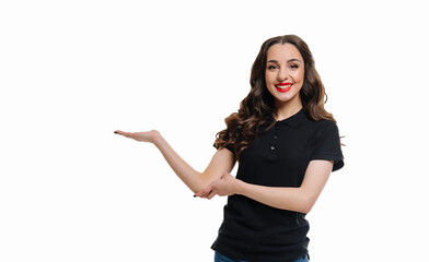 Wall Mural - Young cheerful lady on isolated white background. Attractive pretty woman.