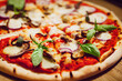 © Paulina - a large sliced pizza lies on a wooden table, generative AI