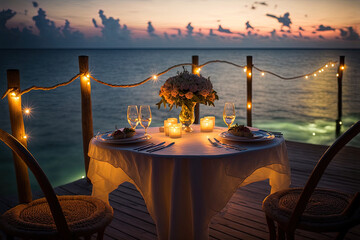 Romantic evening by the sea. Evening sunset, festive wooden table setting, lanterns, flowers and candles. Night seascape, rest. AI