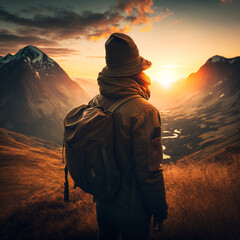 Wall Mural - Hiker contemplating a sunset in the mountains. Generative AI.