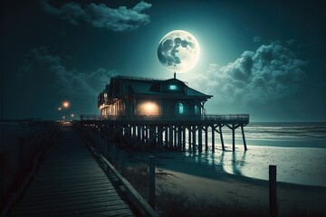 Wall Mural - Sea night landscape with wooden pier, big moon. AI