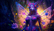  Enchanted Fairy In A Fantasy Magical Forest With Butterflies And Magic Flowers. Concept Art