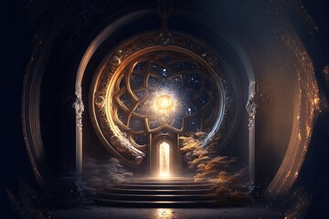 Fantasy landscape, neon light, time portal, architectural majestic portal. AI