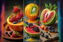 A Series Of Photos Showing Different Fruits And Vegetables In Different Stages Of Creation, Including A Kiwi, Watermelon, Blueberries, And A Slice Of Fruit On A Plate With A Knife.