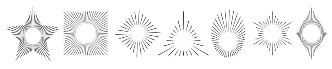 Poster - Sunburst, sunbeams inscribed in triangle, square, star, oval and rhombus shape for your design.